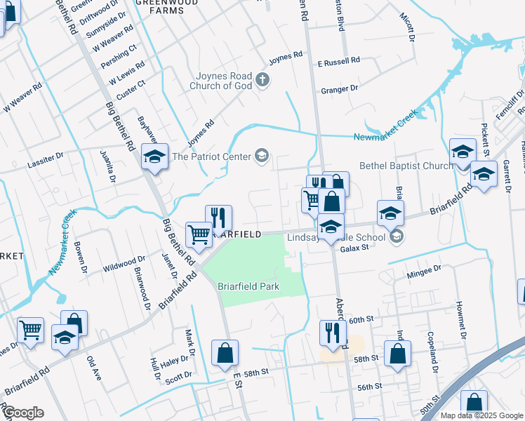 map of restaurants, bars, coffee shops, grocery stores, and more near 1 Eastbriar Court in Hampton