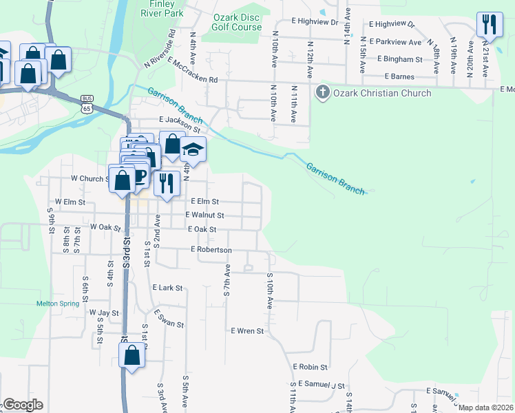 map of restaurants, bars, coffee shops, grocery stores, and more near 100-198 North 9th Avenue in Ozark