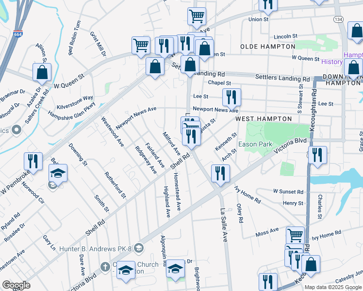 map of restaurants, bars, coffee shops, grocery stores, and more near 621 Monterey Avenue in Hampton