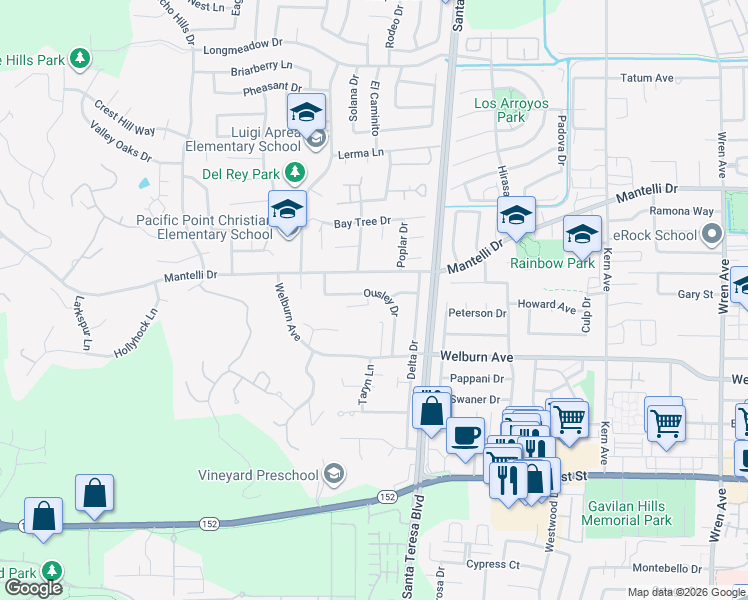 map of restaurants, bars, coffee shops, grocery stores, and more near 1423 Ousley Drive in Gilroy