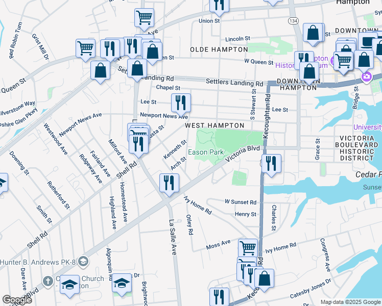 map of restaurants, bars, coffee shops, grocery stores, and more near 458 England Avenue in Hampton