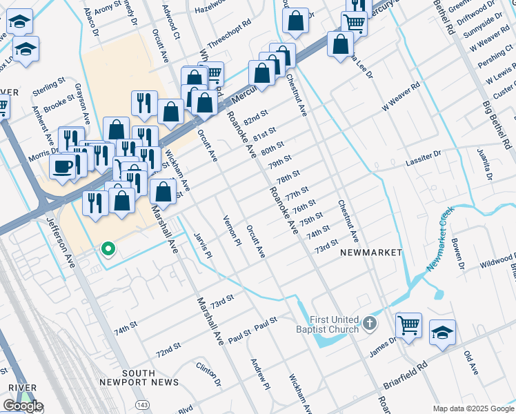 map of restaurants, bars, coffee shops, grocery stores, and more near 1005 77th Street in Newport News