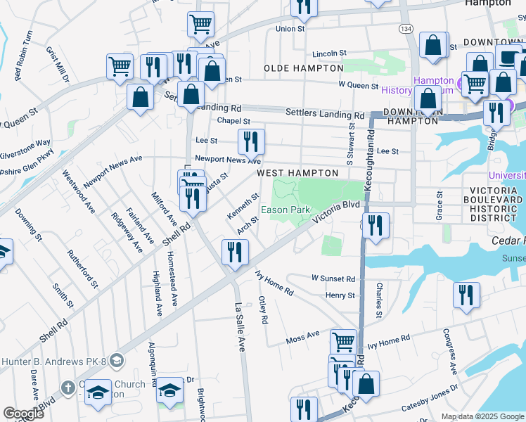 map of restaurants, bars, coffee shops, grocery stores, and more near 458 England Avenue in Hampton