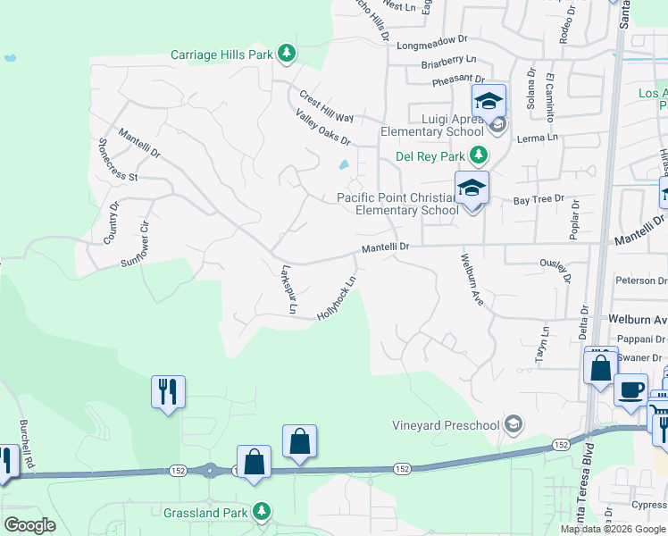 map of restaurants, bars, coffee shops, grocery stores, and more near 1920 Mantelli Drive in Gilroy