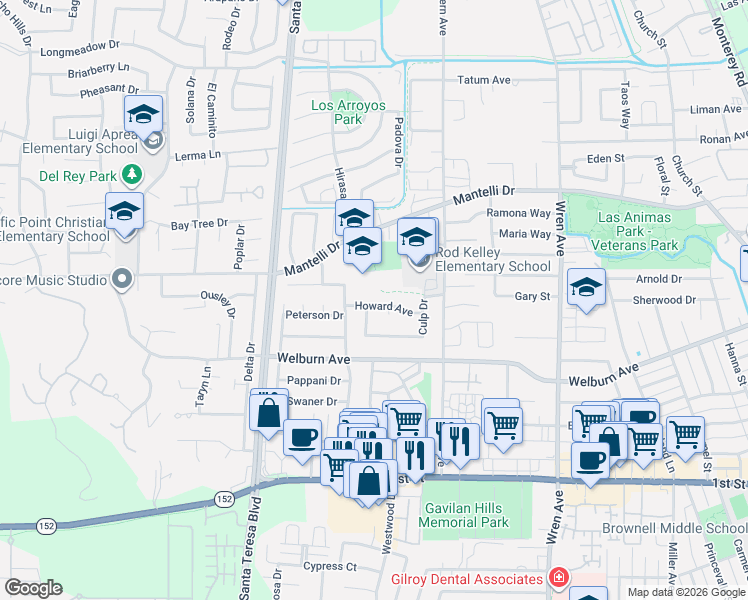 map of restaurants, bars, coffee shops, grocery stores, and more near 997 Howard Avenue in Gilroy