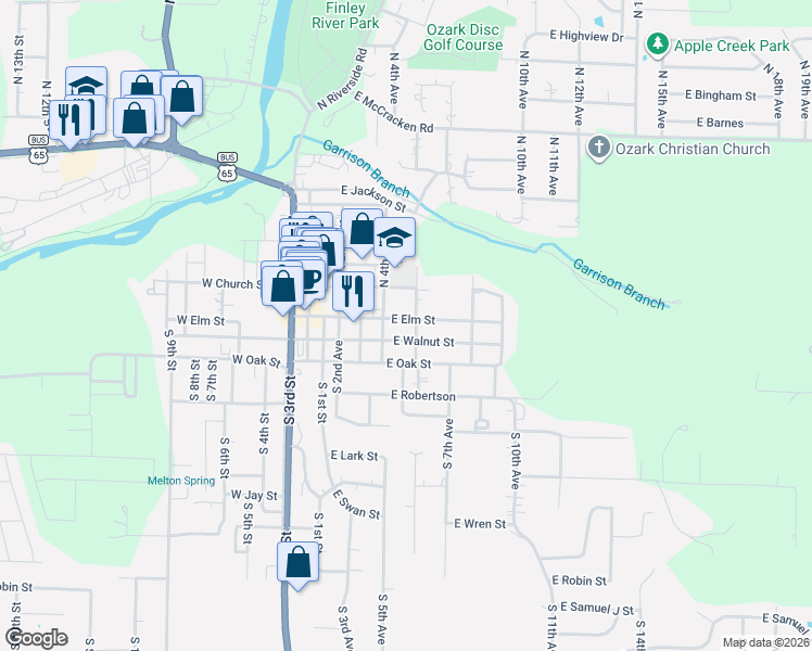 map of restaurants, bars, coffee shops, grocery stores, and more near 100 North 4th Avenue in Ozark