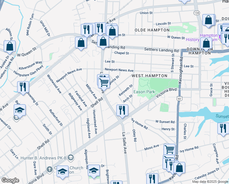 map of restaurants, bars, coffee shops, grocery stores, and more near 3818 Shell Road in Hampton