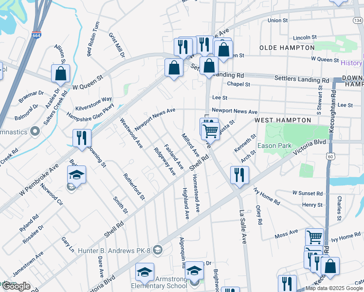 map of restaurants, bars, coffee shops, grocery stores, and more near 700 Homestead Avenue in Hampton