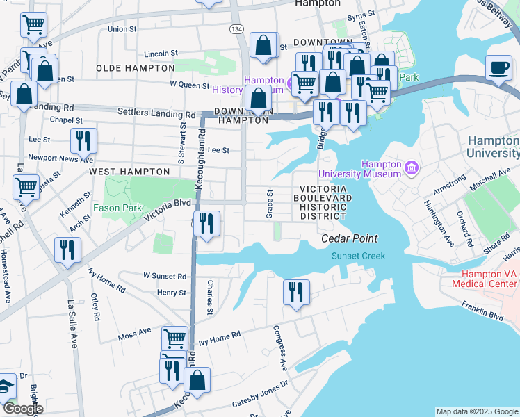 map of restaurants, bars, coffee shops, grocery stores, and more near 4406 Victoria Boulevard in Hampton