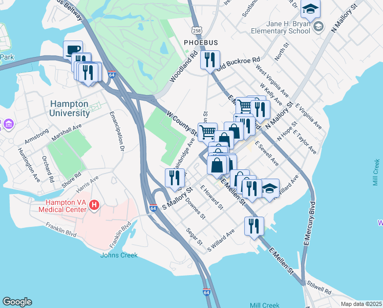 map of restaurants, bars, coffee shops, grocery stores, and more near 2 Bainbridge Avenue in Hampton
