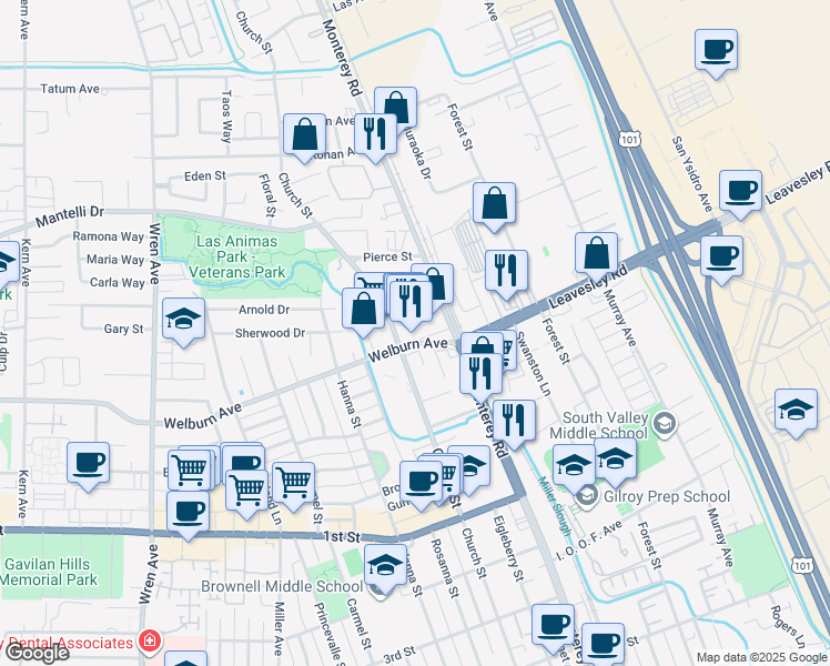 map of restaurants, bars, coffee shops, grocery stores, and more near 193 Welburn Avenue in Gilroy