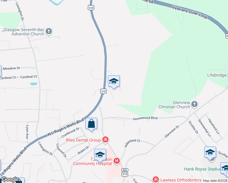 map of restaurants, bars, coffee shops, grocery stores, and more near 2002 North Jackson Highway in Glasgow