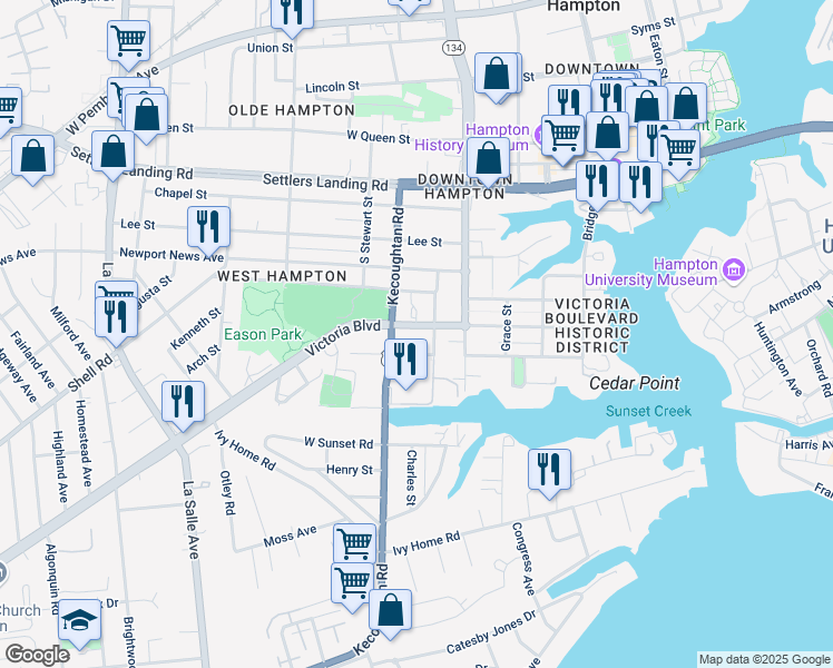 map of restaurants, bars, coffee shops, grocery stores, and more near 4210 Victoria Boulevard in Hampton