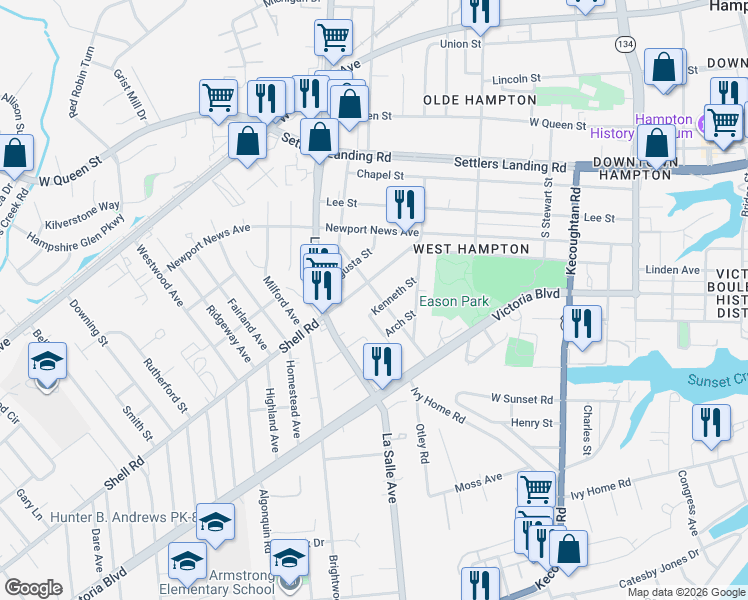 map of restaurants, bars, coffee shops, grocery stores, and more near 435 Worster Avenue in Hampton