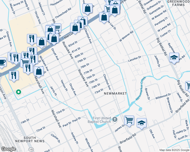 map of restaurants, bars, coffee shops, grocery stores, and more near 1112 76th Street in Newport News