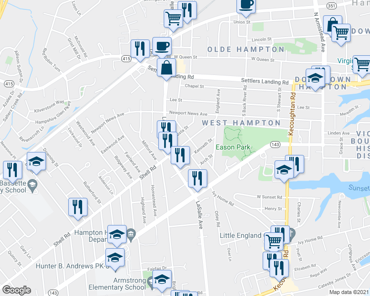 map of restaurants, bars, coffee shops, grocery stores, and more near 3817 Shell Road in Hampton