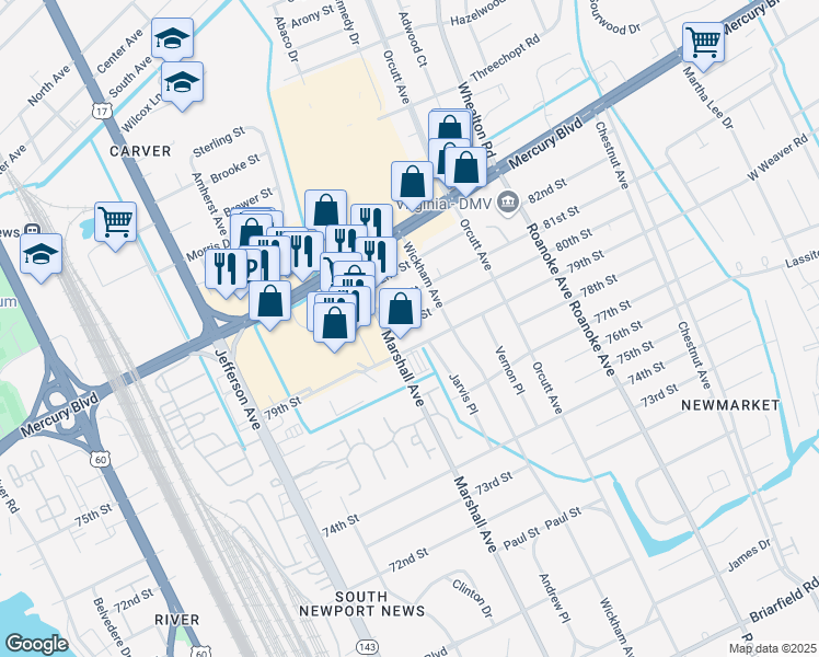 map of restaurants, bars, coffee shops, grocery stores, and more near 814 80th Street in Newport News