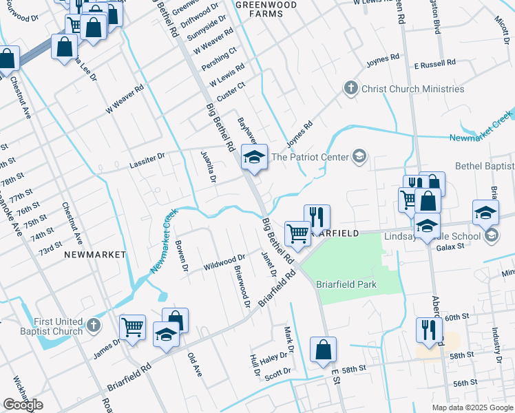 map of restaurants, bars, coffee shops, grocery stores, and more near 49 Big Bethel Road in Hampton