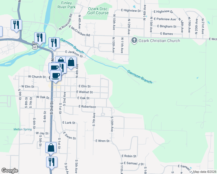 map of restaurants, bars, coffee shops, grocery stores, and more near 100 North 9th Avenue in Ozark