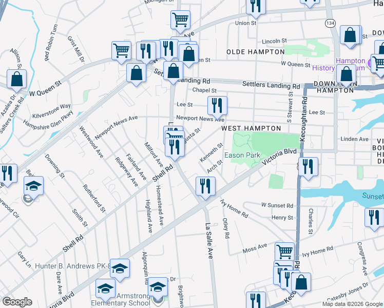 map of restaurants, bars, coffee shops, grocery stores, and more near 3817 Shell Road in Hampton