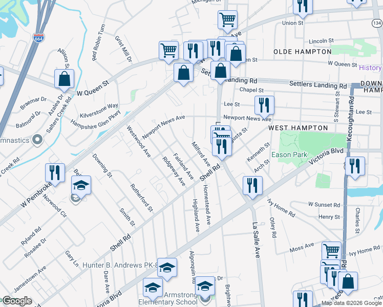map of restaurants, bars, coffee shops, grocery stores, and more near 717 Homestead Avenue in Hampton