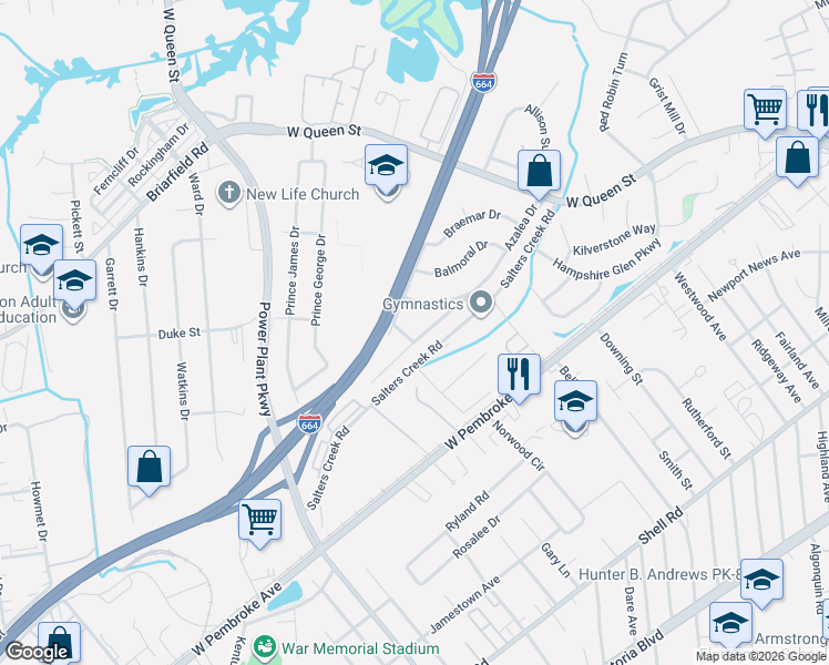 map of restaurants, bars, coffee shops, grocery stores, and more near 4 Dundee Road in Hampton