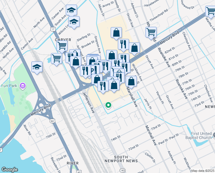 map of restaurants, bars, coffee shops, grocery stores, and more near in Newport News