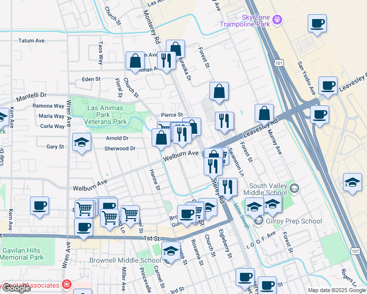 map of restaurants, bars, coffee shops, grocery stores, and more near 193 Welburn Avenue in Gilroy