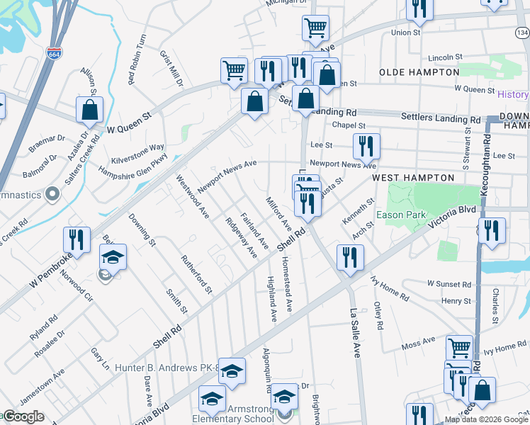map of restaurants, bars, coffee shops, grocery stores, and more near 717 Homestead Avenue in Hampton