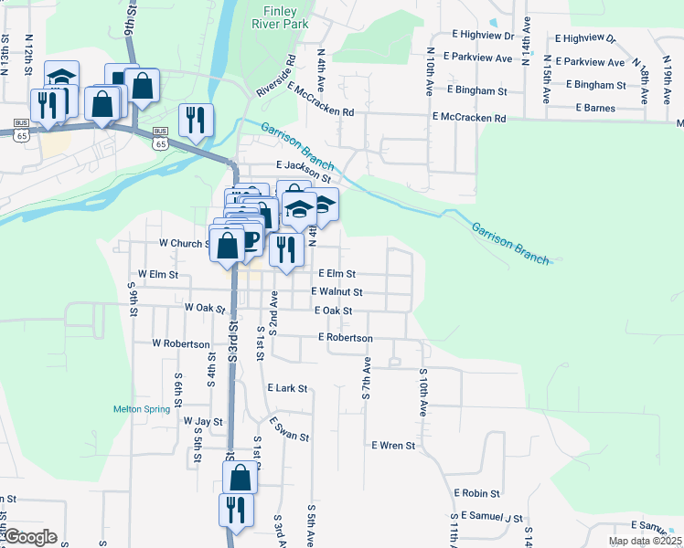 map of restaurants, bars, coffee shops, grocery stores, and more near 607 East Elm Street in Ozark
