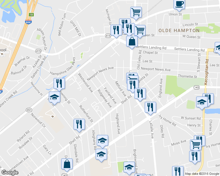 map of restaurants, bars, coffee shops, grocery stores, and more near 717 Homestead Avenue in Hampton