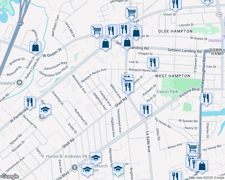 map of restaurants, bars, coffee shops, grocery stores, and more near 640 Milford Avenue in Hampton