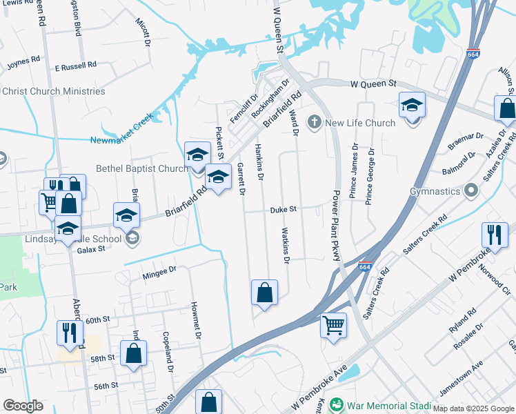 map of restaurants, bars, coffee shops, grocery stores, and more near 32 Hankins Drive in Hampton