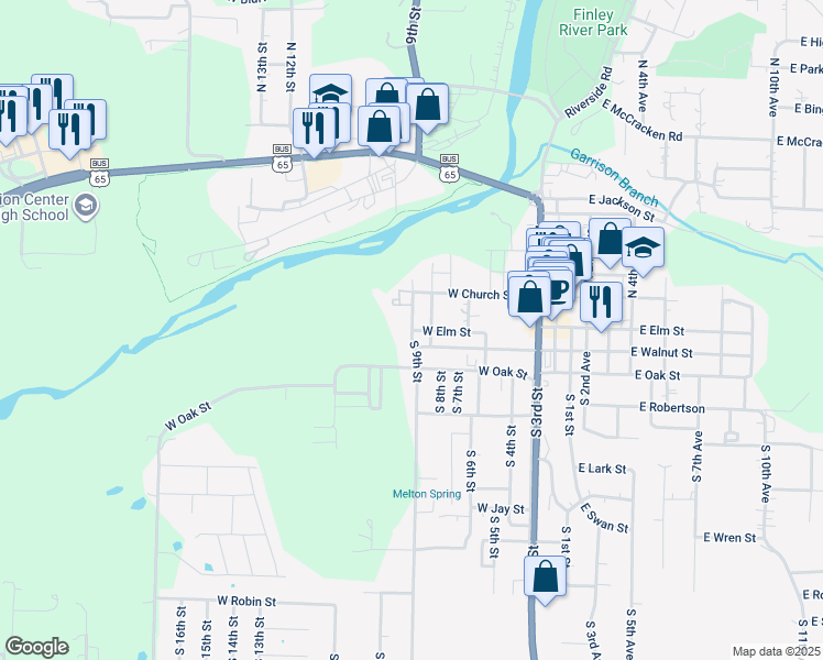 map of restaurants, bars, coffee shops, grocery stores, and more near West Elm Street in Ozark