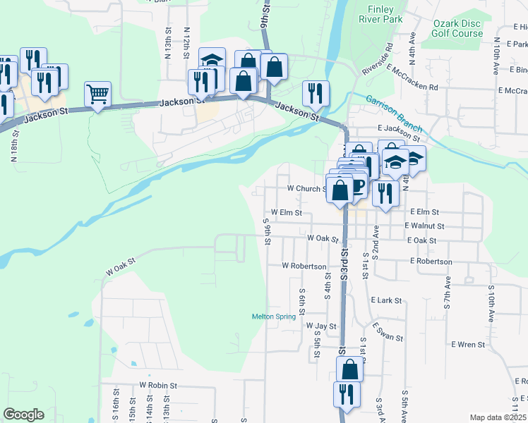 map of restaurants, bars, coffee shops, grocery stores, and more near West Elm Street in Ozark