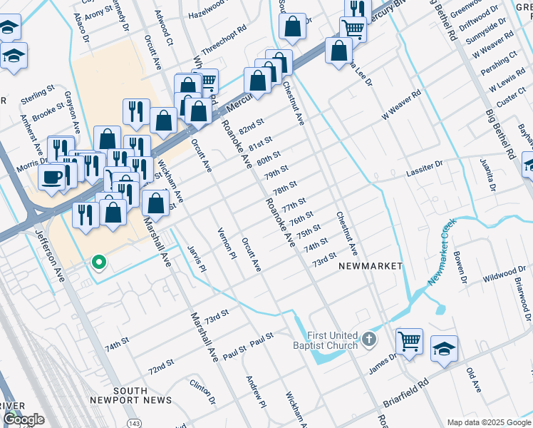 map of restaurants, bars, coffee shops, grocery stores, and more near 1013 77th Street in Newport News