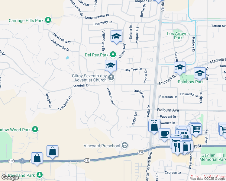 map of restaurants, bars, coffee shops, grocery stores, and more near 8675 Del Rey Court in Gilroy