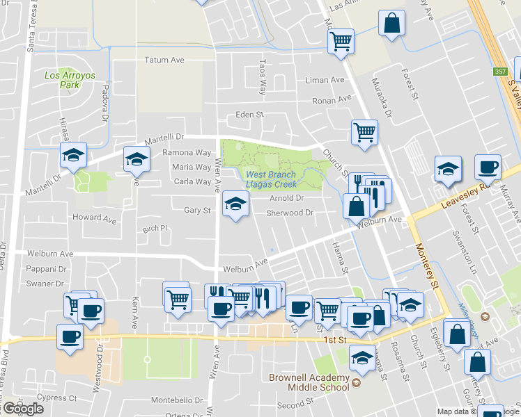map of restaurants, bars, coffee shops, grocery stores, and more near 681 Sherwood Drive in Gilroy