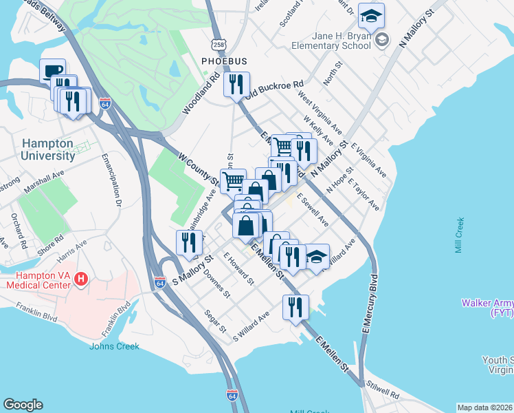 map of restaurants, bars, coffee shops, grocery stores, and more near 7 Booker Street in Hampton