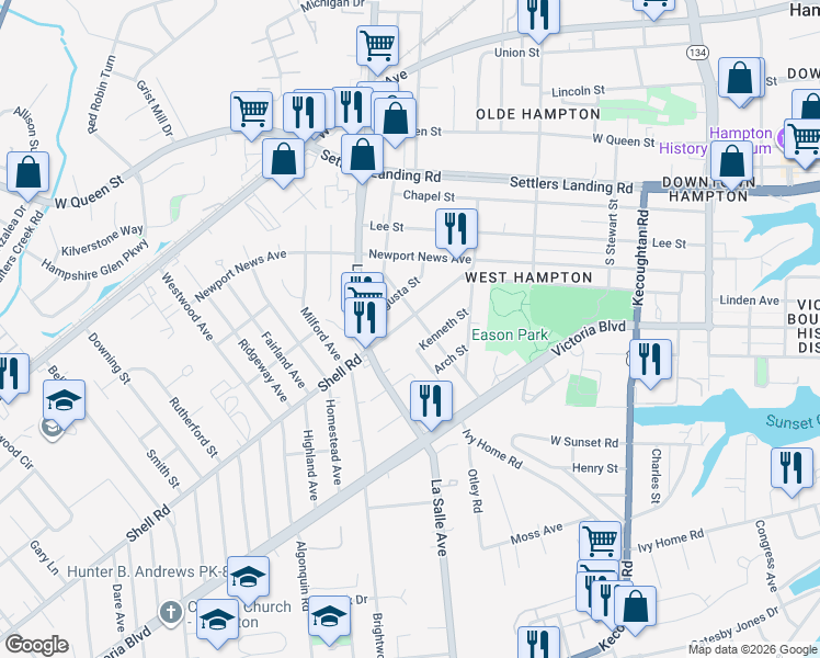 map of restaurants, bars, coffee shops, grocery stores, and more near 3817 Shell Road in Hampton