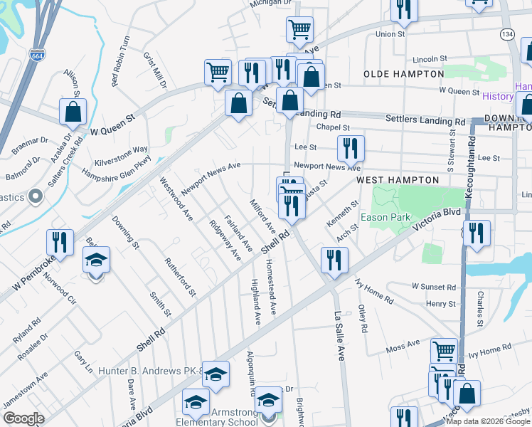 map of restaurants, bars, coffee shops, grocery stores, and more near 640 Milford Avenue in Hampton