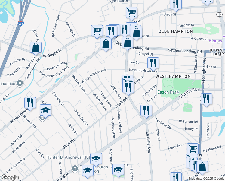 map of restaurants, bars, coffee shops, grocery stores, and more near 640 Milford Avenue in Hampton
