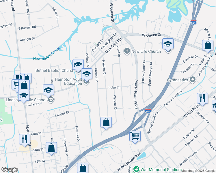 map of restaurants, bars, coffee shops, grocery stores, and more near 32 Hankins Drive in Hampton