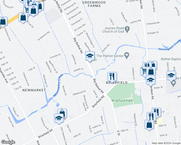 map of restaurants, bars, coffee shops, grocery stores, and more near 51 Big Bethel Road in Hampton