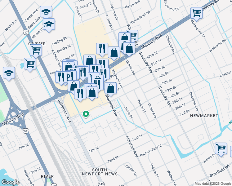map of restaurants, bars, coffee shops, grocery stores, and more near 816 80th Street in Newport News