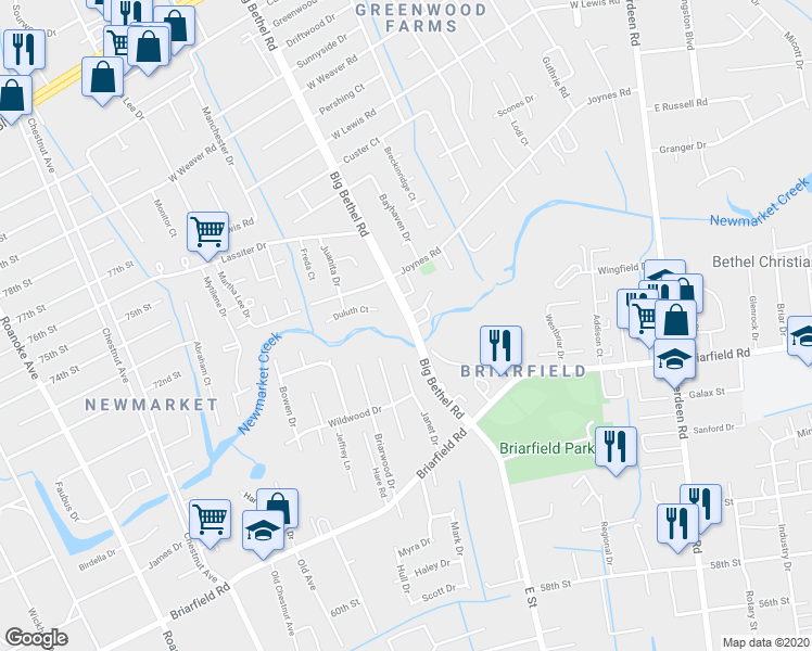 map of restaurants, bars, coffee shops, grocery stores, and more near 51 Big Bethel Road in Hampton