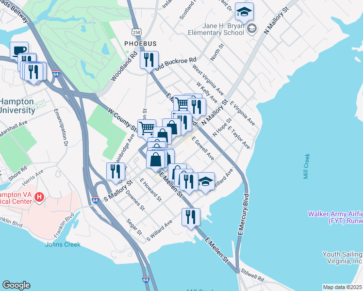 map of restaurants, bars, coffee shops, grocery stores, and more near 36 North Mallory Street in Hampton