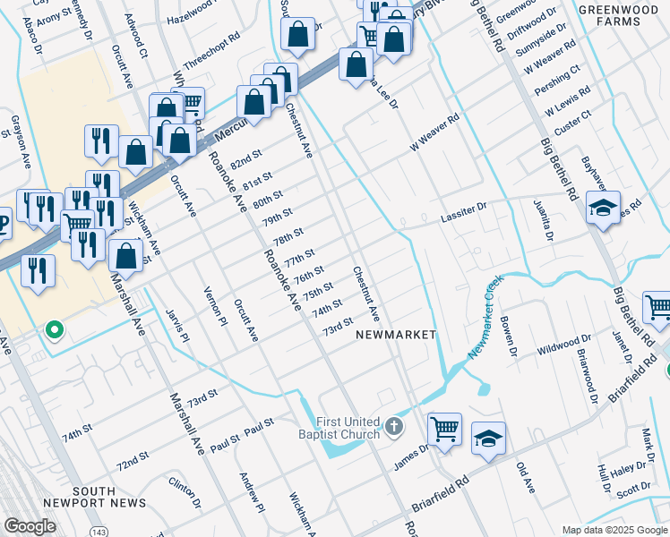 map of restaurants, bars, coffee shops, grocery stores, and more near 1116 76th Street in Newport News