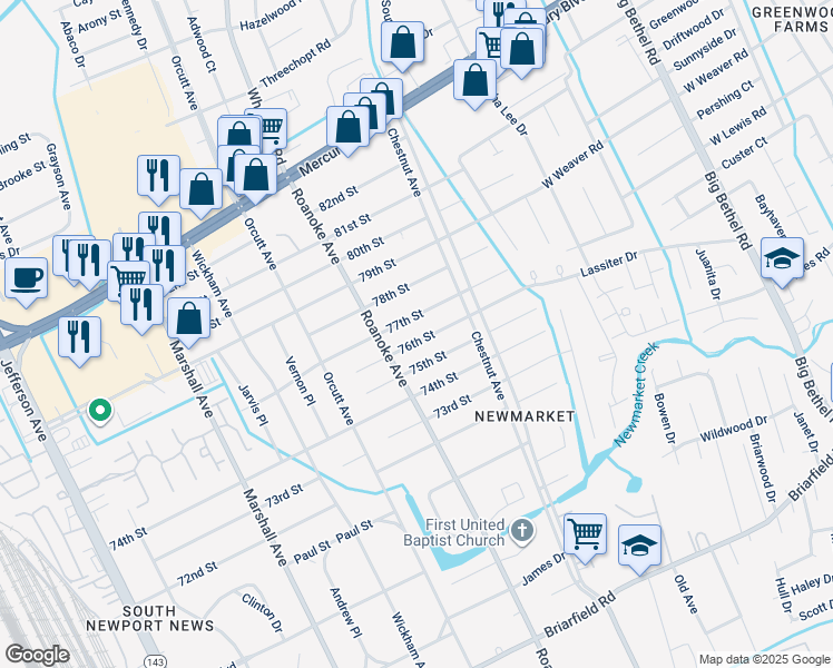 map of restaurants, bars, coffee shops, grocery stores, and more near 1109 76th St in Newport News