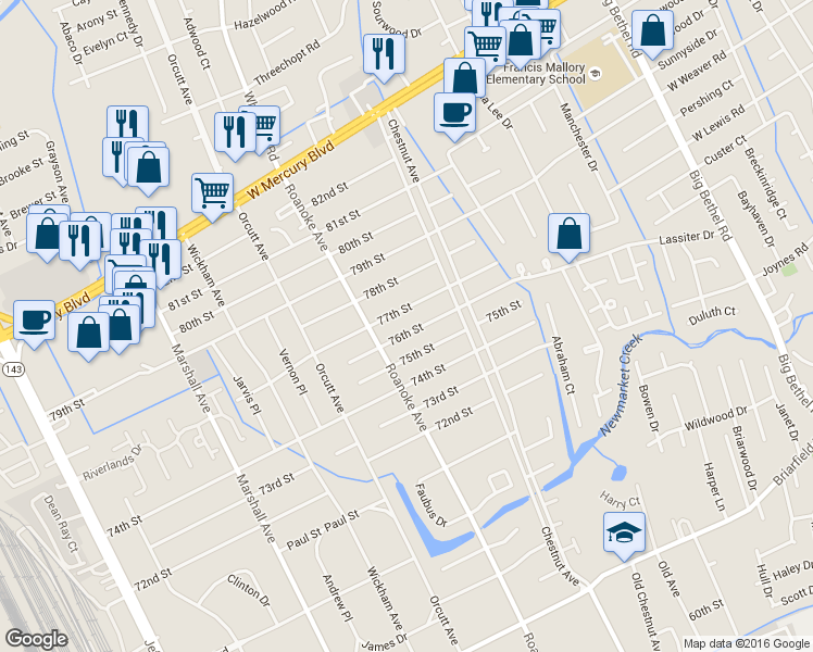 map of restaurants, bars, coffee shops, grocery stores, and more near 1109 76th St in Newport News